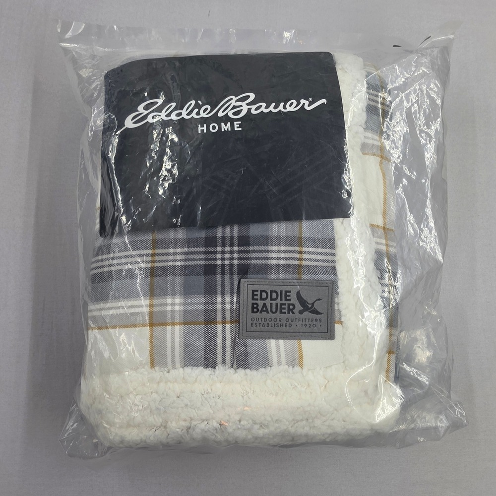 Eddie Bauer Home Edgewood Plaid Sherpa Throw Blanket Grey White Yellow 50x60